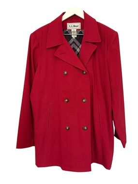 L.L. Bean Red Trench Coat Jacket Womens Size M Double Breasted Plaid Lining